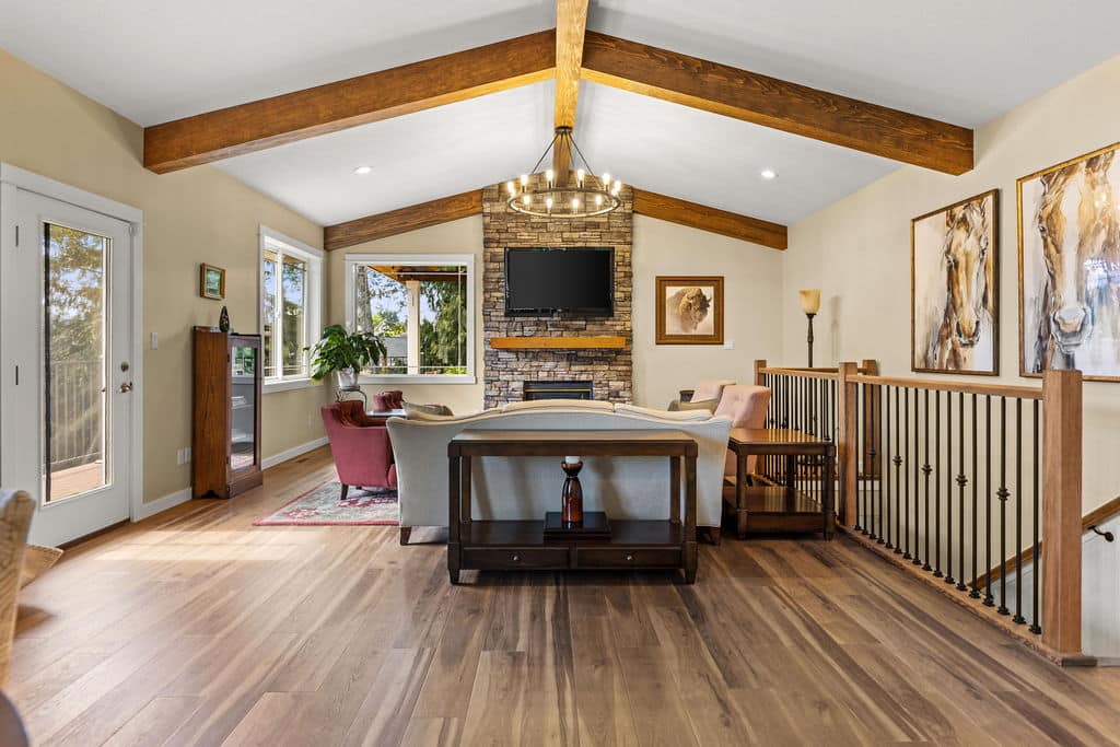 Whole home remodel with open kitchen living area and exposed beams